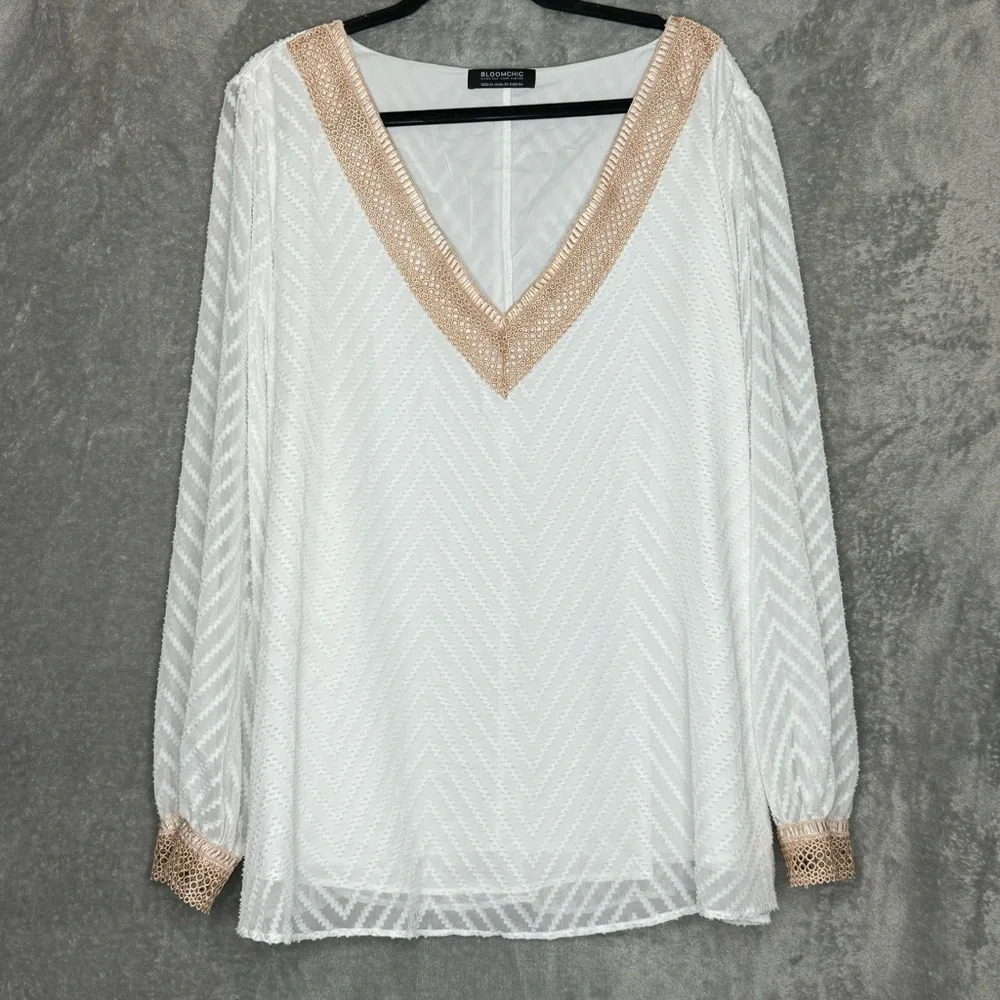 Bloomchic 22 24 2X Shirt Top White Solid Sheer Long Sleeve V Neck Crochet Trim